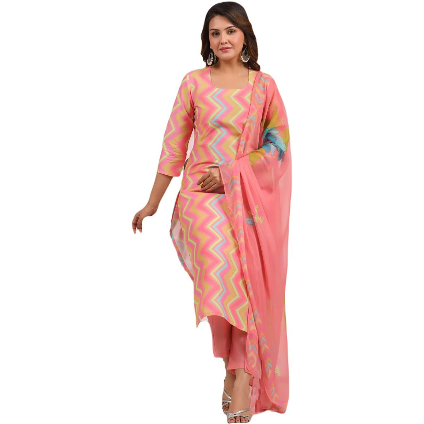 Gosriki Women's Rayon Blend Printed Straight Kurta With Pant & Dupatta (Zaggu Pink-Nb-Gs_S_Pink_Small)
