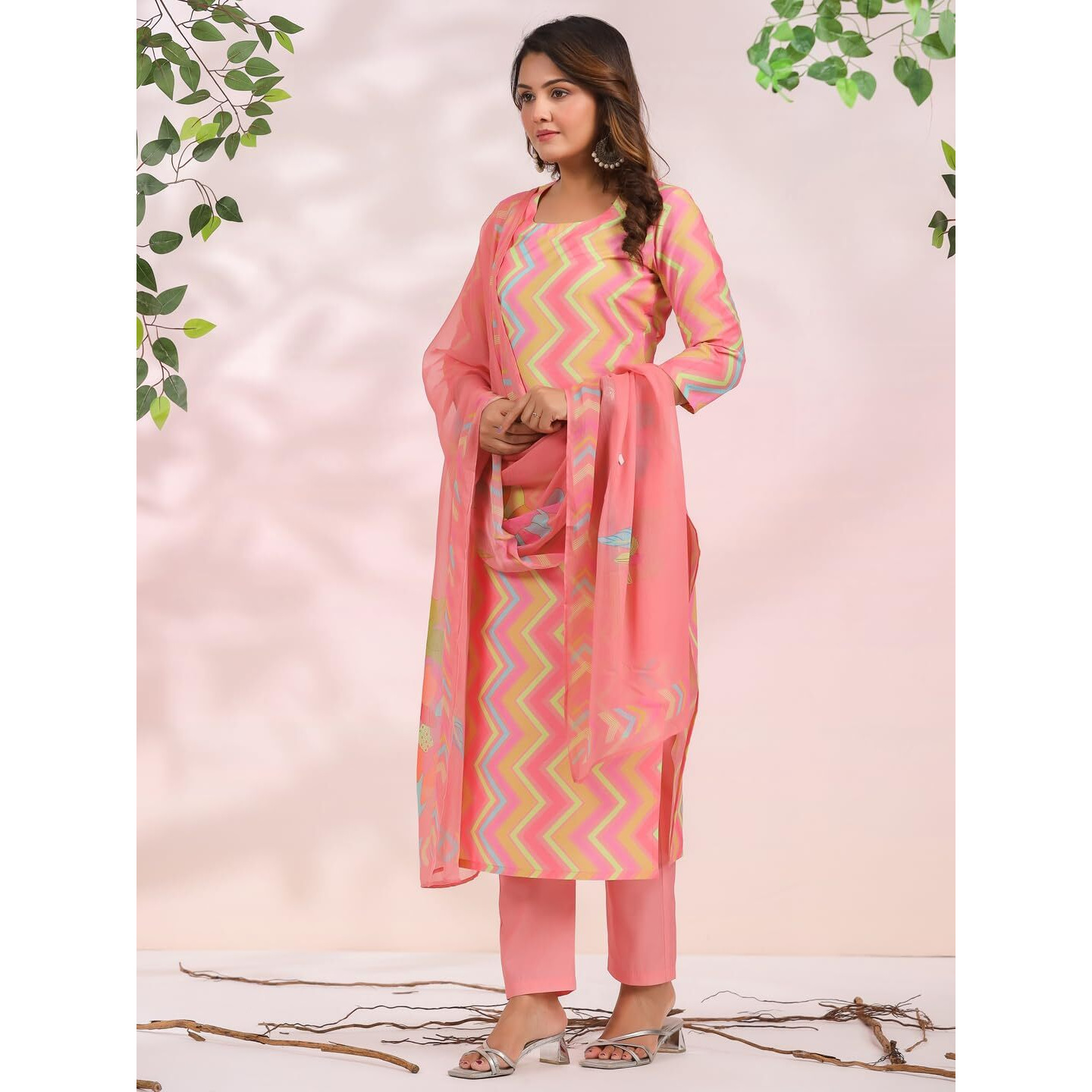 Gosriki Women's Rayon Blend Printed Straight Kurta With Pant & Dupatta (Zaggu Pink-Nb-Gs_S_Pink_Small)