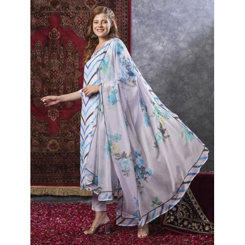 Gosriki Women's Rayon Blend Straight Printed Kurta With Pant & Dupatta (Tannu Sky Blue-Vks01-Gs_S_Sky Blue_Small)