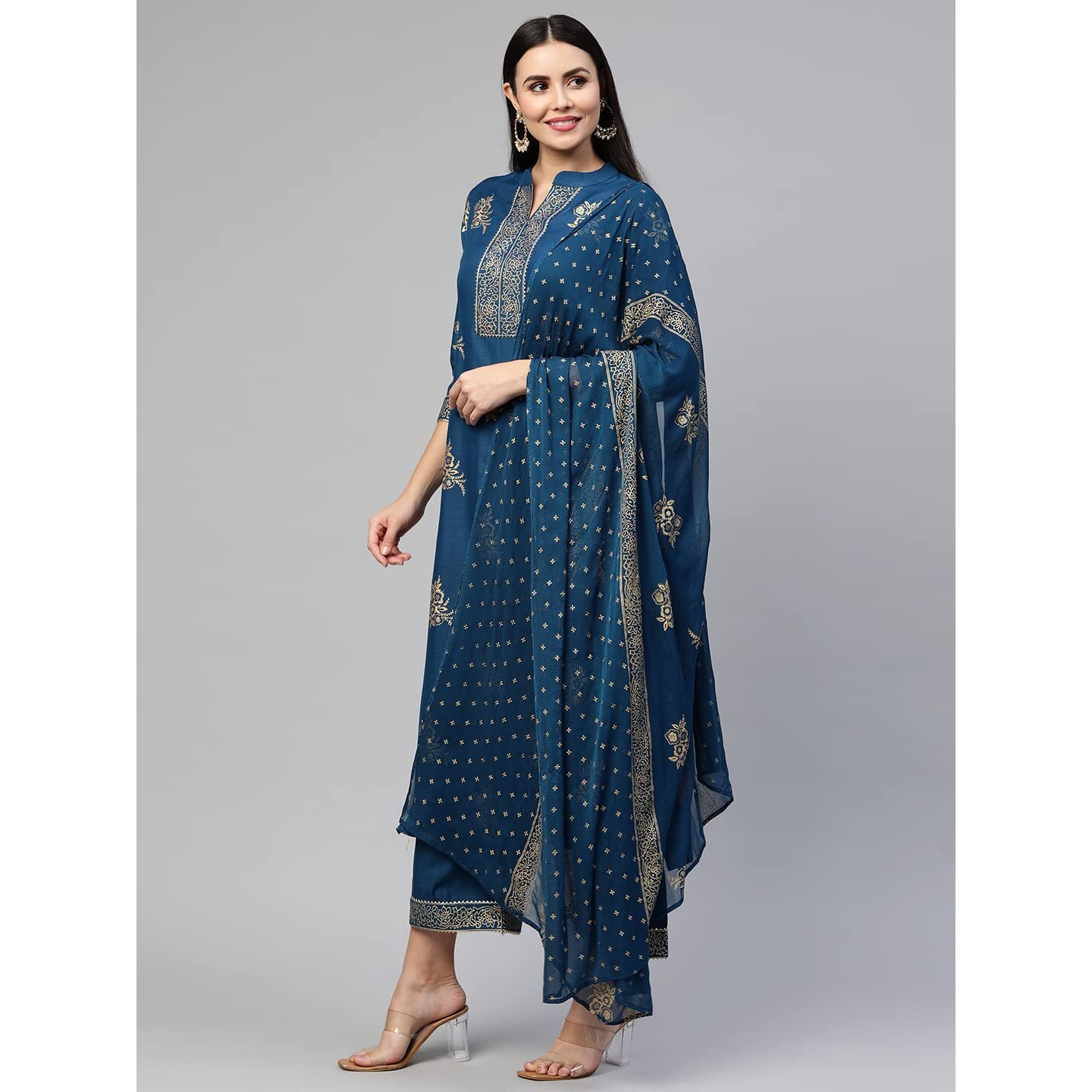 Gosriki Women's Cotton Blend Straight Embellished Kurta With Palazzo & Dupatta (Farida Blue_Xxl-Go_Blue_Xx-Large)