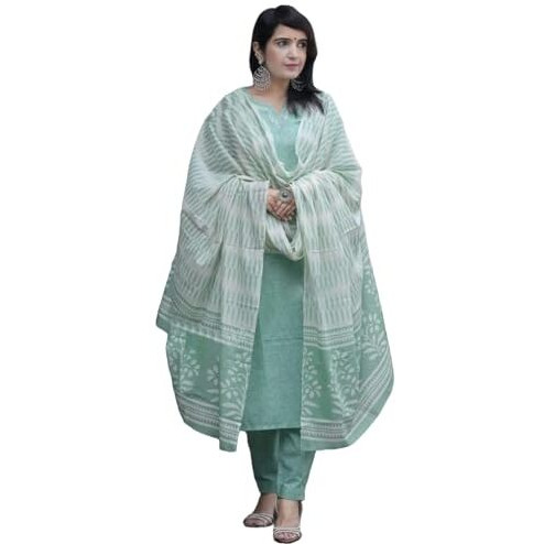 Gosriki Women's Rayon Viscose Straight Solid Kurta With Pant & Dupatta (Pragya See Green-Vks03-Gs_L_See Green_Large)