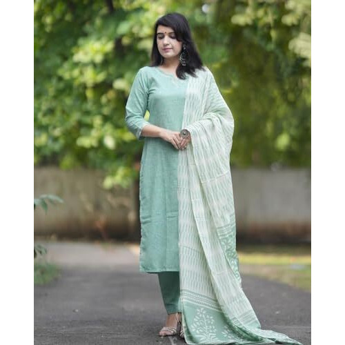 Gosriki Women's Rayon Viscose Straight Solid Kurta With Pant & Dupatta (Pragya See Green-Vks03-Gs_L_See Green_Large)