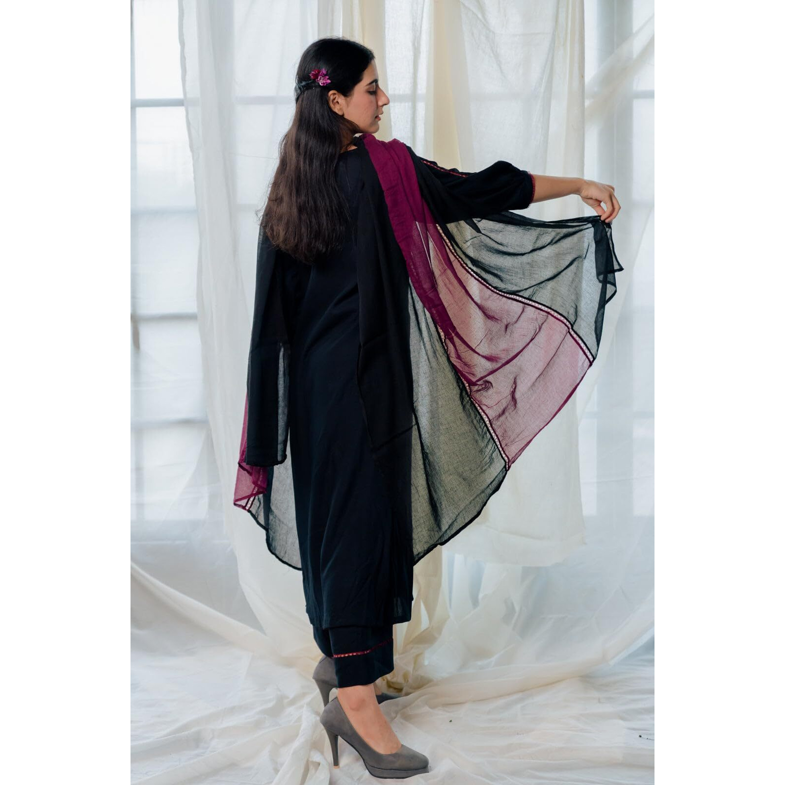 Gosriki Women's Rayon Viscose A-Line Solid Kurta With Pant & Dupatta (Nanad Black-Gs_M_Black_Medium)