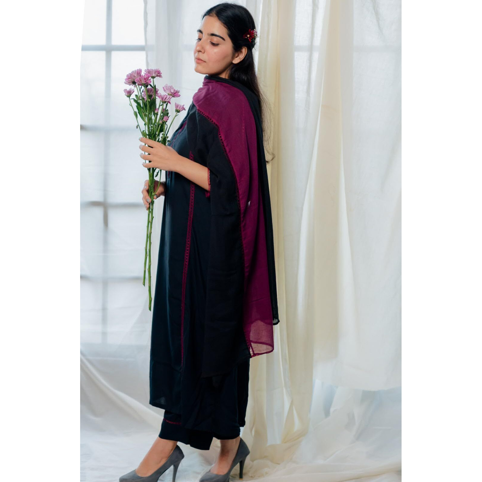 Gosriki Women's Rayon Viscose A-Line Solid Kurta With Pant & Dupatta (Nanad Black-Gs_M_Black_Medium)