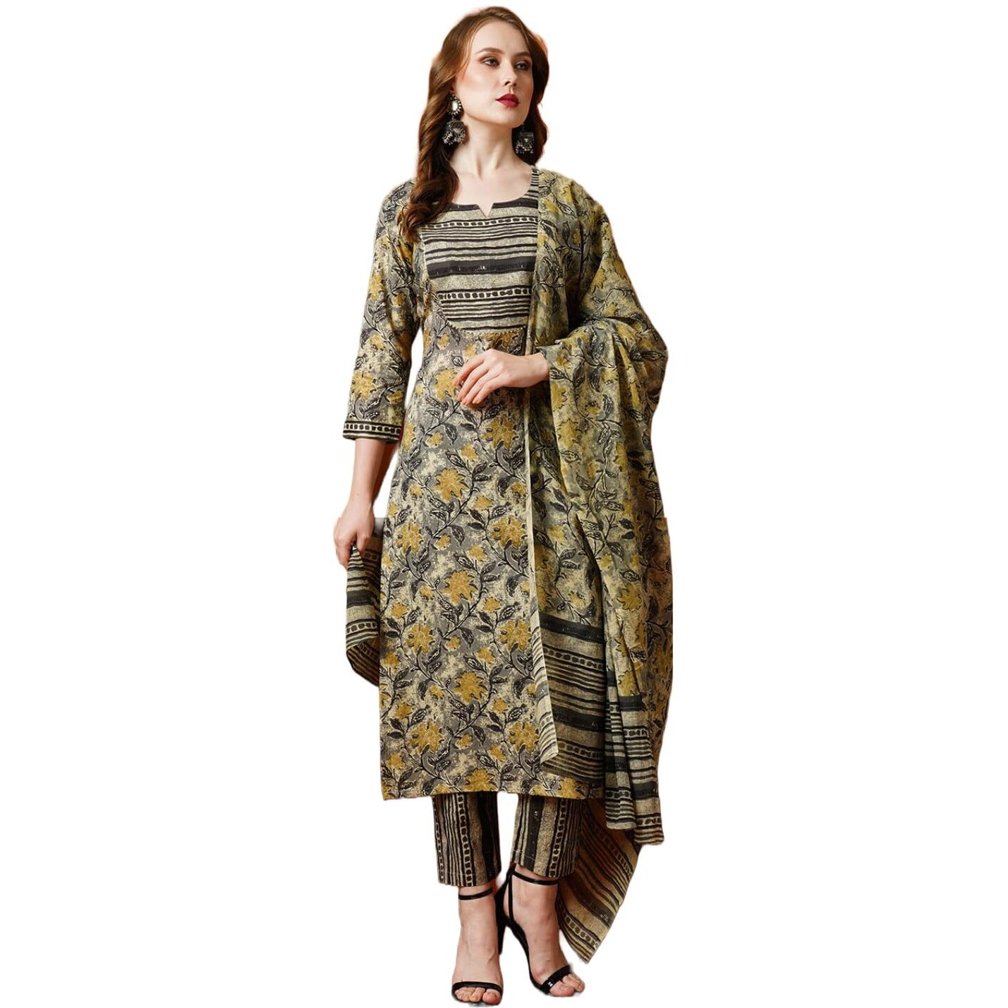 Gosriki Women's Cotton Blend Printed Straight Kurta With Pant & Dupatta (Bigi Grey-Nw-Gs_Xl_Grey_X-Large)