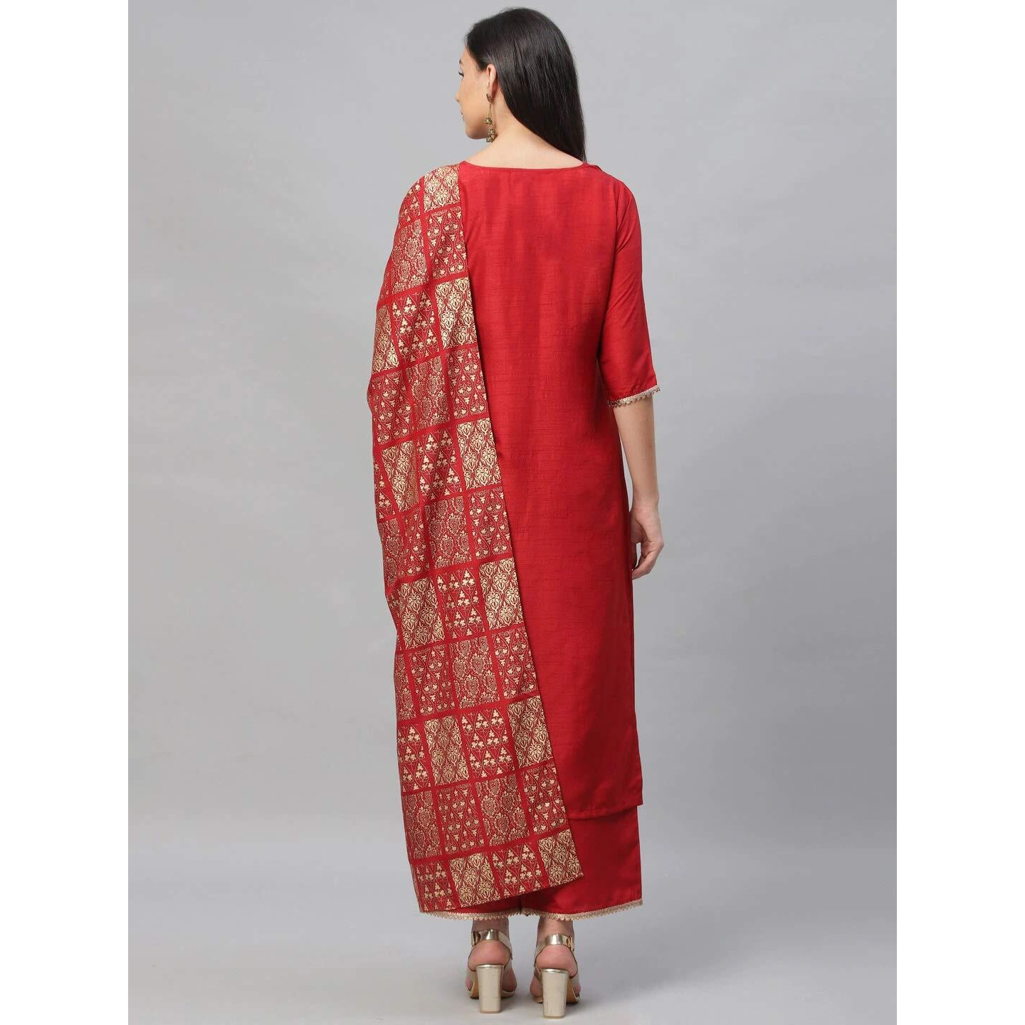 Gosriki Women's Cotton Regular Kurta With Palazzo (Sonari Red_S_Go Small)