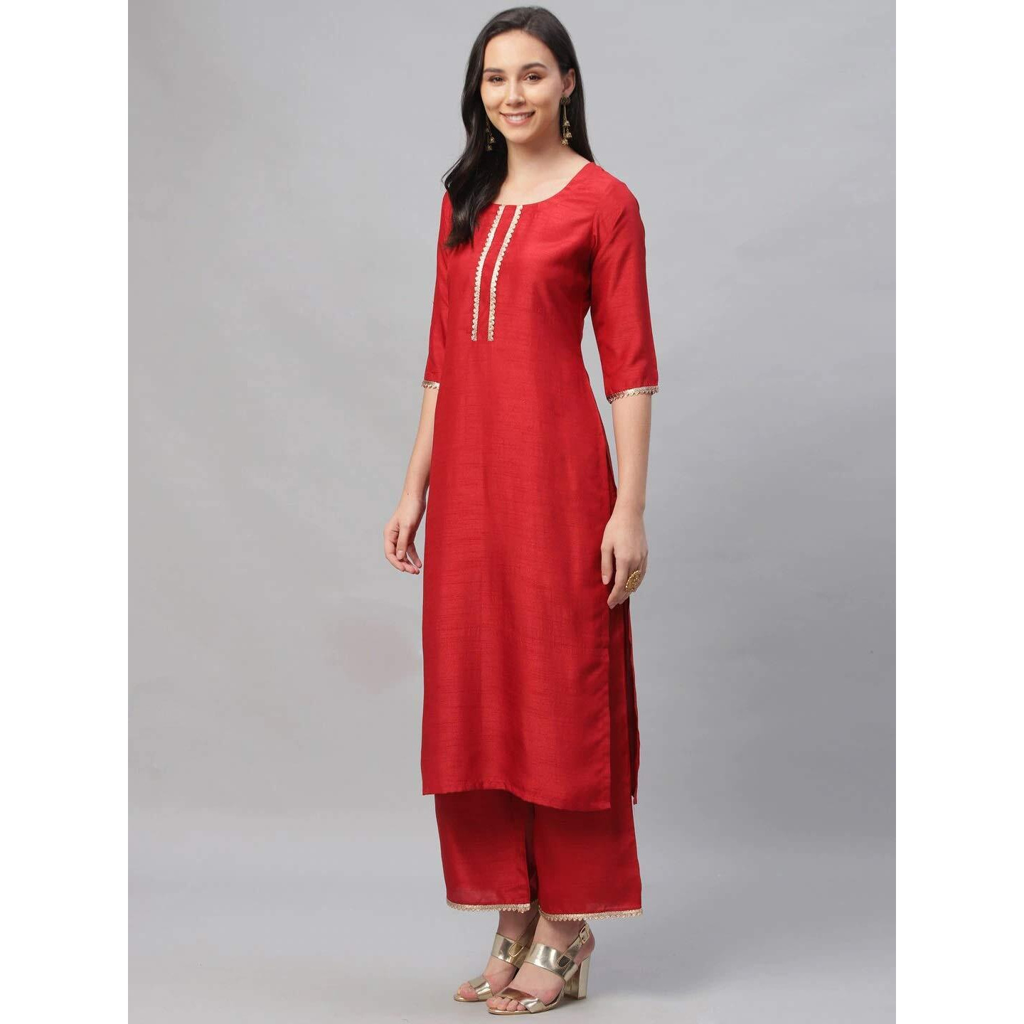 Gosriki Women's Cotton Regular Kurta With Palazzo (Sonari Red_S_Go Small)