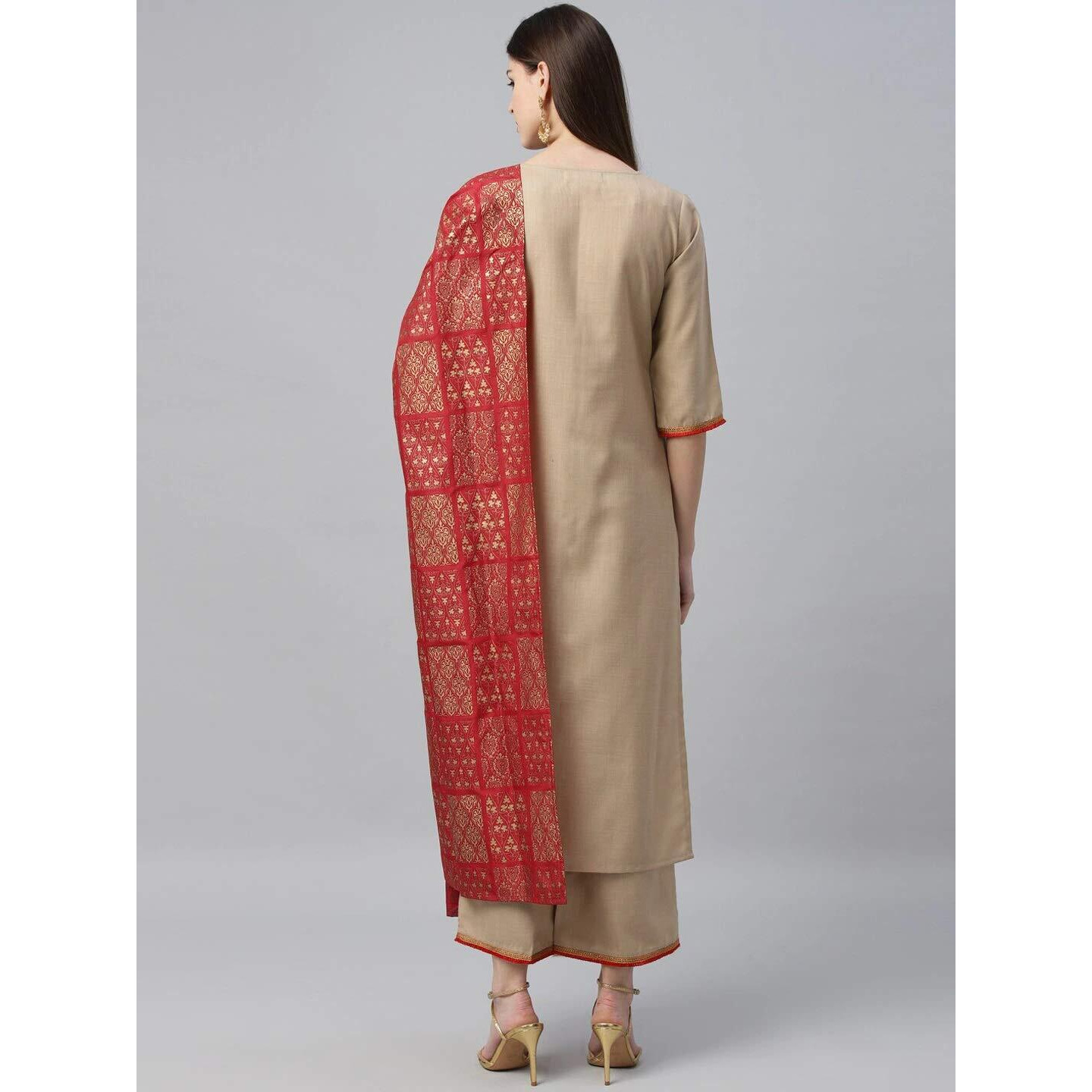 Gosriki Women's Cotton Regular Kurta With Palazzo & Dupatta (Sonari Beige_M_Go