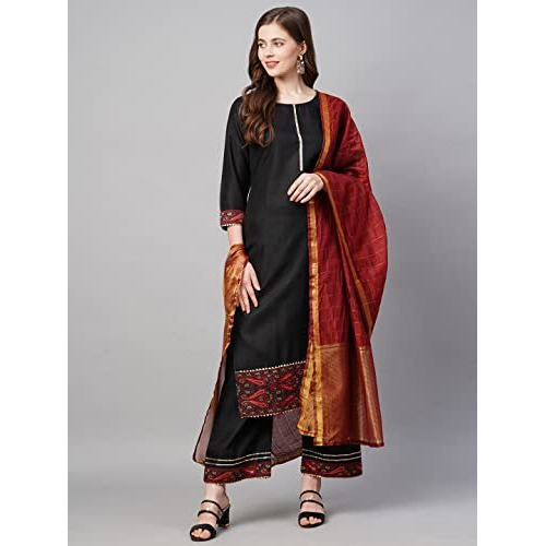 Gosriki Women's Cotton Straight Kurta With Palazzo & Dupatta (Kpzd-Cot-10100-Black_M-Go_Black_Medium)