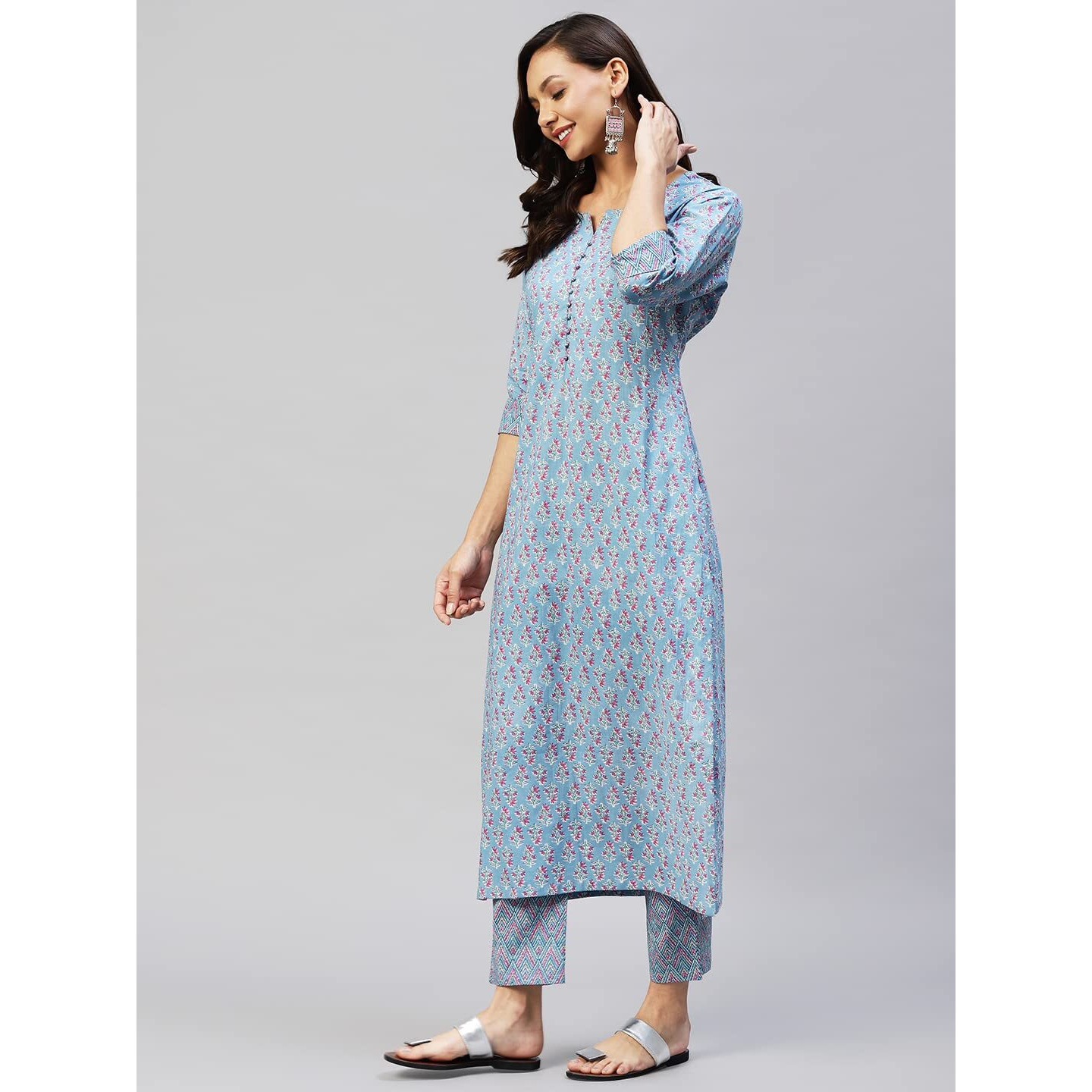 Gosriki Women's Cotton Blend Straight Printed Kurta With Palazzo (Padwil Blue_Xxl-Go_ Blue_Xx-Large)