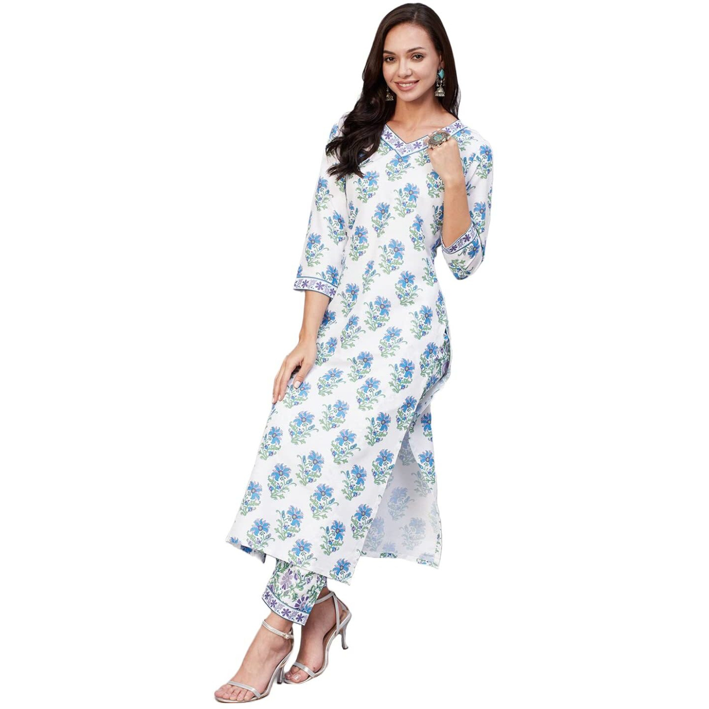 Gosriki Women's Cotton Blend Printed Straight Kurta With Pant (Dhara White-Gs_S_White_Small)