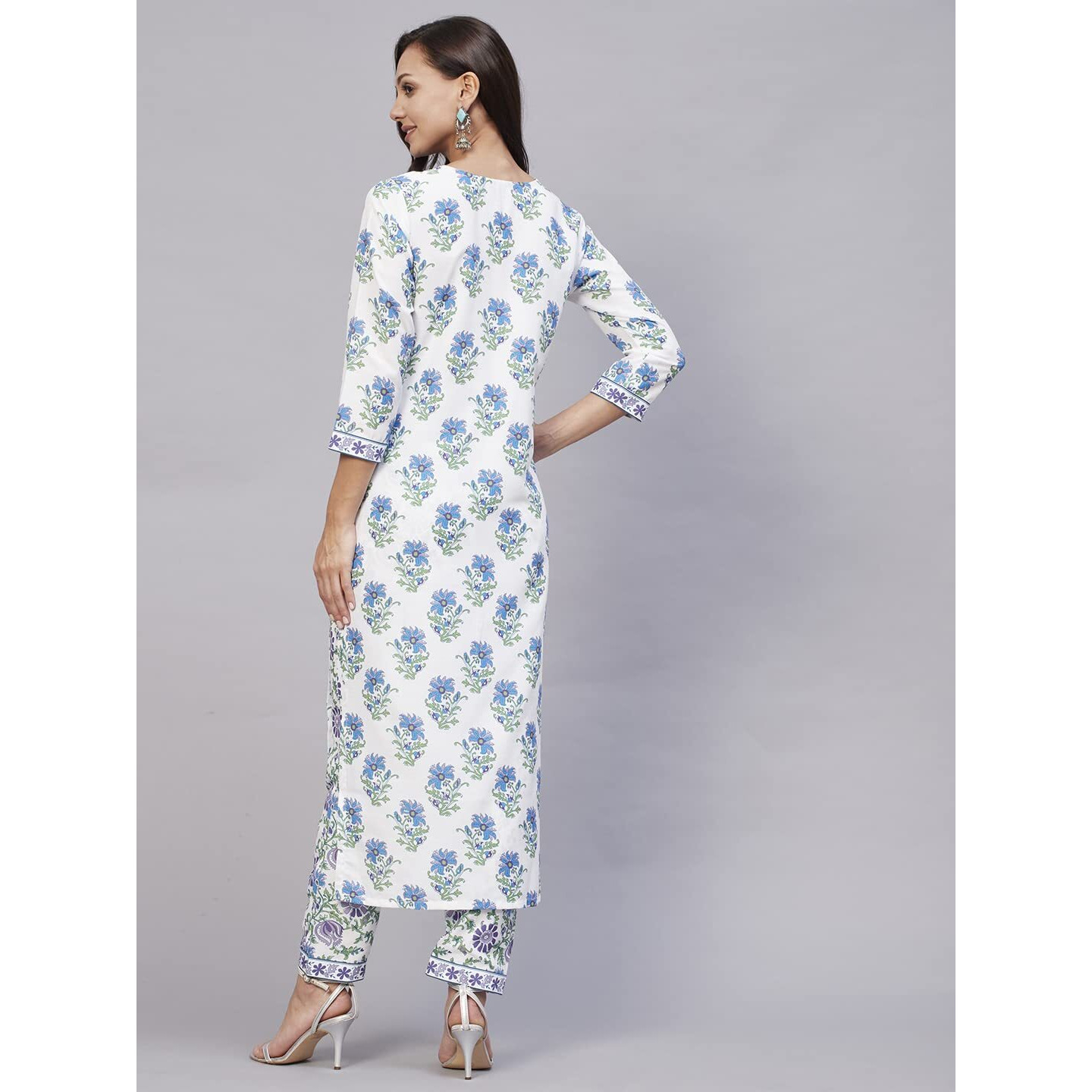 Gosriki Women's Cotton Blend Printed Straight Kurta With Pant (Dhara White-Gs_S_White_Small)