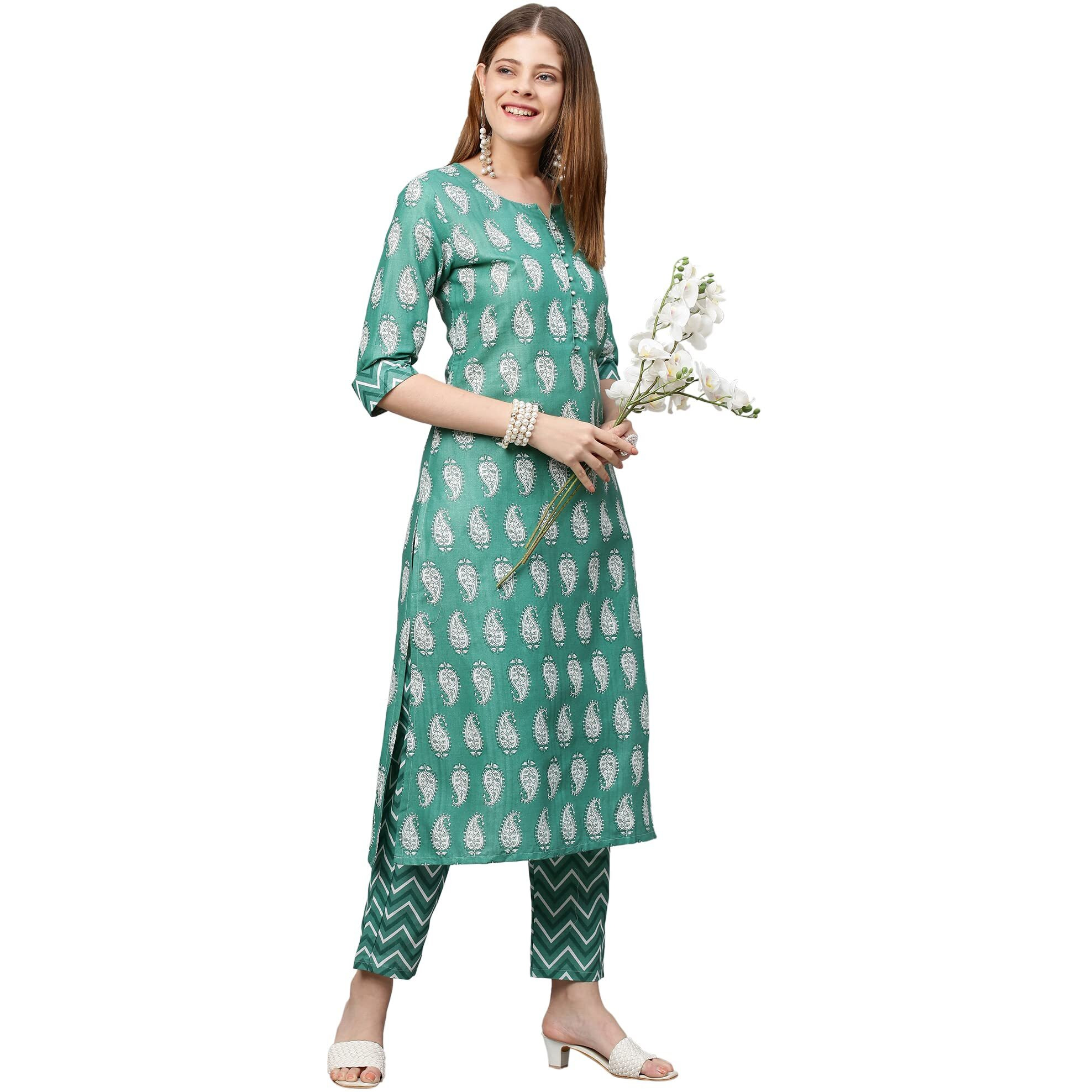 Gosriki Women's Cotton Blend Printed Straight Kurta With Pant (Jugnu New01 Green_Xl-Go_Green_X-Large)