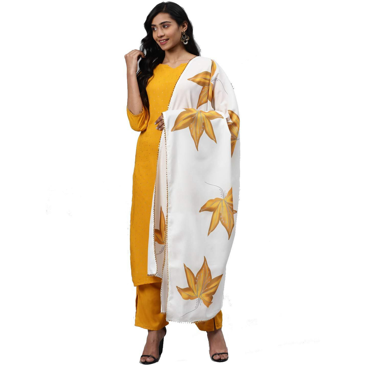 Gosriki Women's Yellow & Golden Polka Print Kurta With Trousers & Dupatta