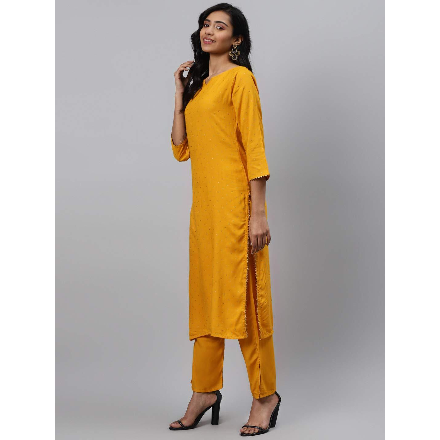 Gosriki Women's Yellow & Golden Polka Print Kurta With Trousers & Dupatta