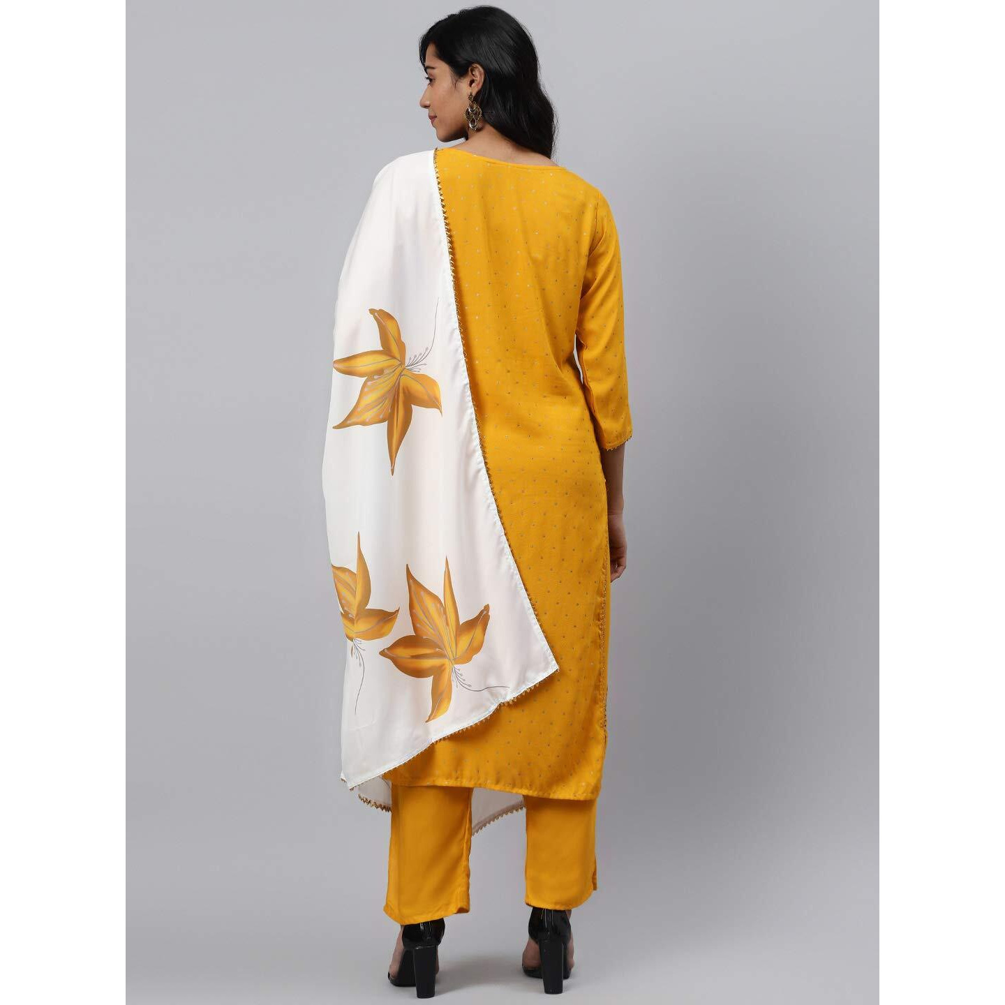 Gosriki Women's Yellow & Golden Polka Print Kurta With Trousers & Dupatta