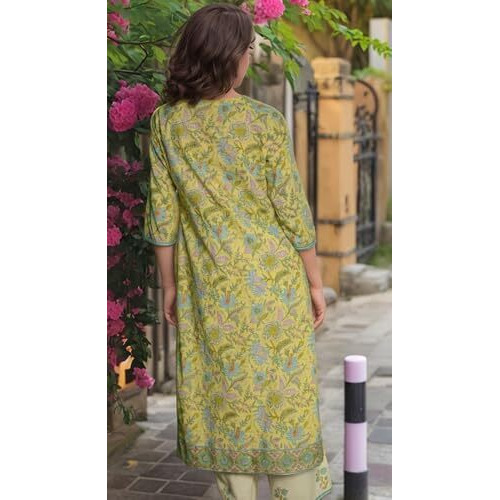 Gosriki Women's Rayon Viscose Printed Straight Kurta With Pant & Dupatta (Ribas Green-Vks04-Gs_L_Green_Large)