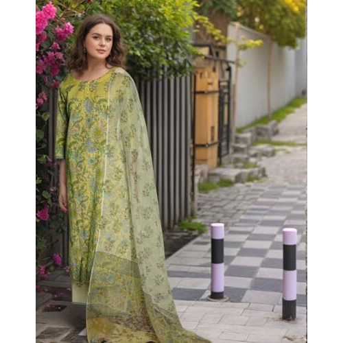 Gosriki Women's Rayon Viscose Printed Straight Kurta With Pant & Dupatta (Ribas Green-Vks04-Gs_L_Green_Large)