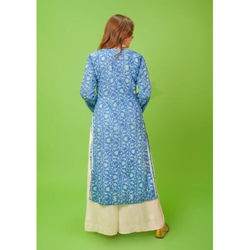 Gosriki Women's Rayon Blend Straight Chikankari Embroidered Kurta (Nakusha Blue-Gs_Xxl_Blue_Xx-Large)
