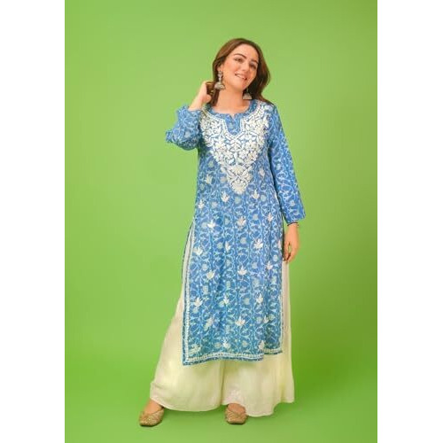 Gosriki Women's Rayon Blend Straight Chikankari Embroidered Kurta (Nakusha Blue-Gs_Xxl_Blue_Xx-Large)