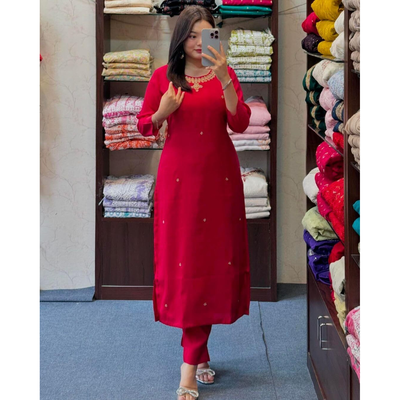 Gosriki Women's Rayon Blend Straight Embroidered Kurta With Pant (Bloom Red-Gs_Xxl_Red_Xx-Large)