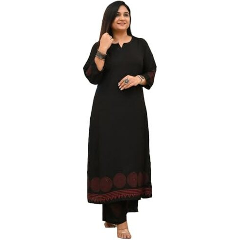 Gosriki Women's Rayon Viscose Anarkali Printed Kurta With Pant (Ramkund Black-Gs_Xl_Black_X-Large)