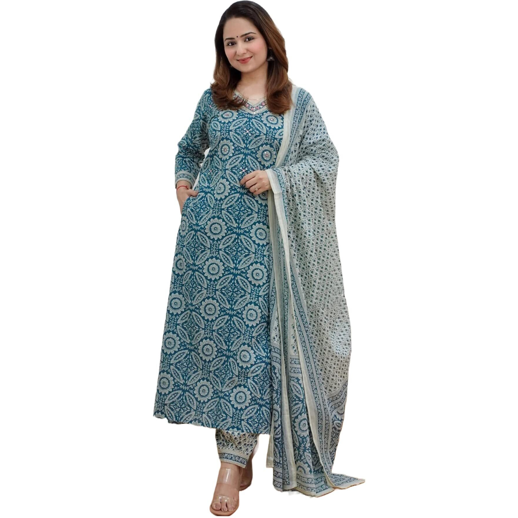 Gosriki Women's Cotton Blend Block Printed Straight Kurta With Pant & Dupatta (Nihira Blue-Nw-Gs_S_Blue_Small)
