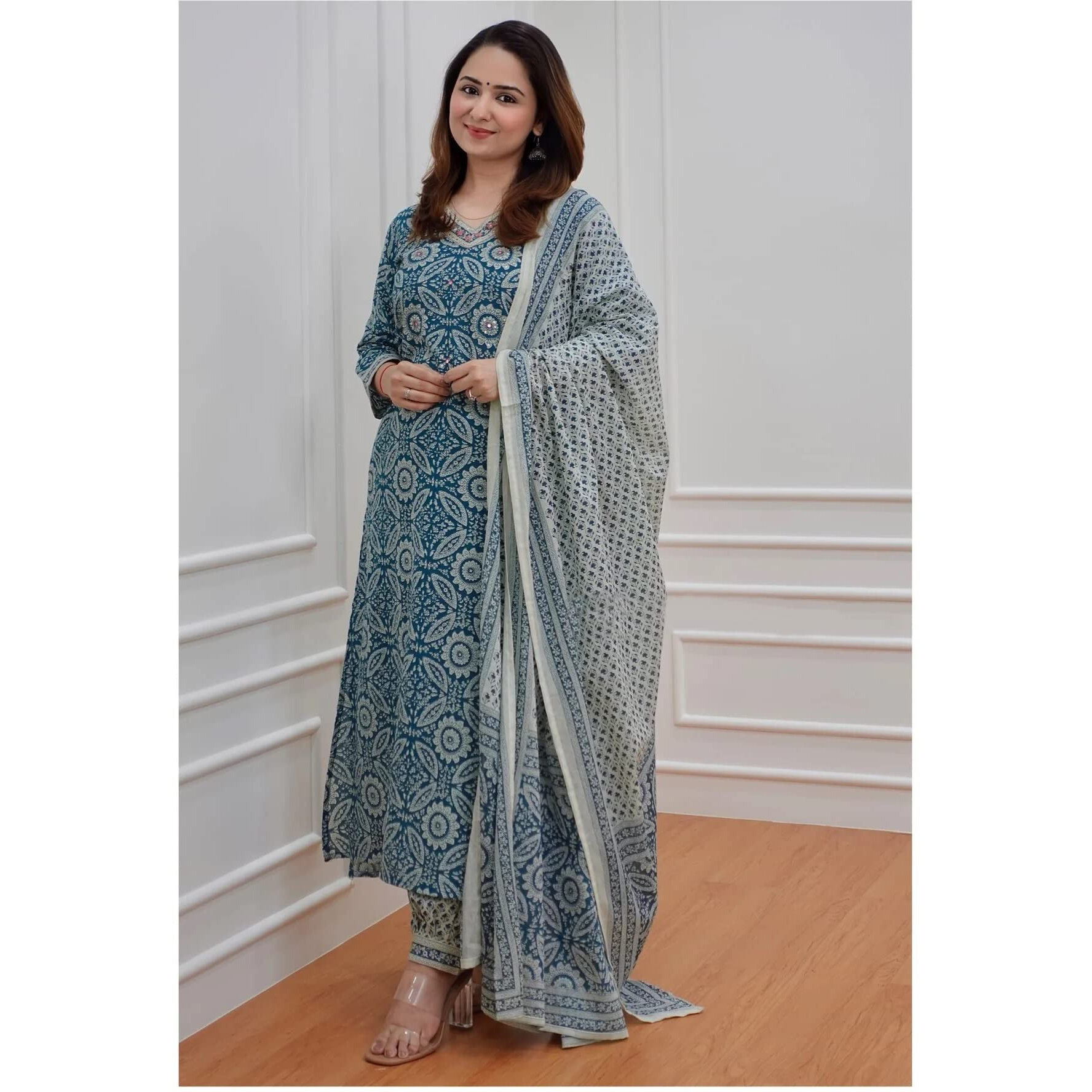 Gosriki Women's Cotton Blend Block Printed Straight Kurta With Pant & Dupatta (Nihira Blue-Nw-Gs_S_Blue_Small)