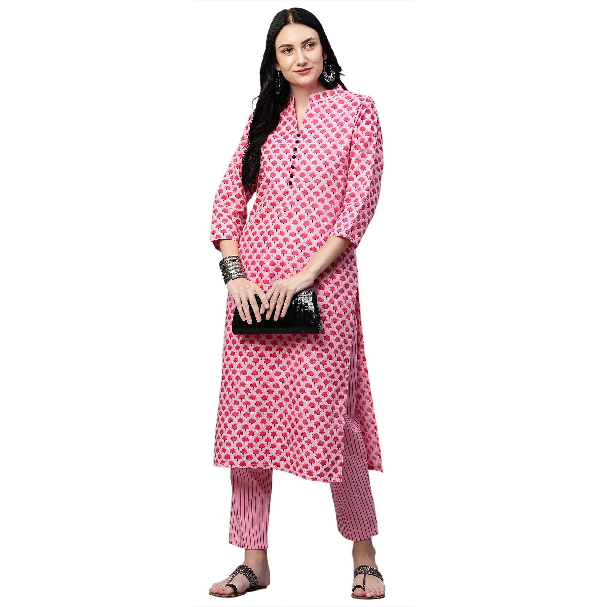 Gosriki Women's Cotton Straight Kurta With Palazzo (Revathi New Pink_L_Pink_Large)