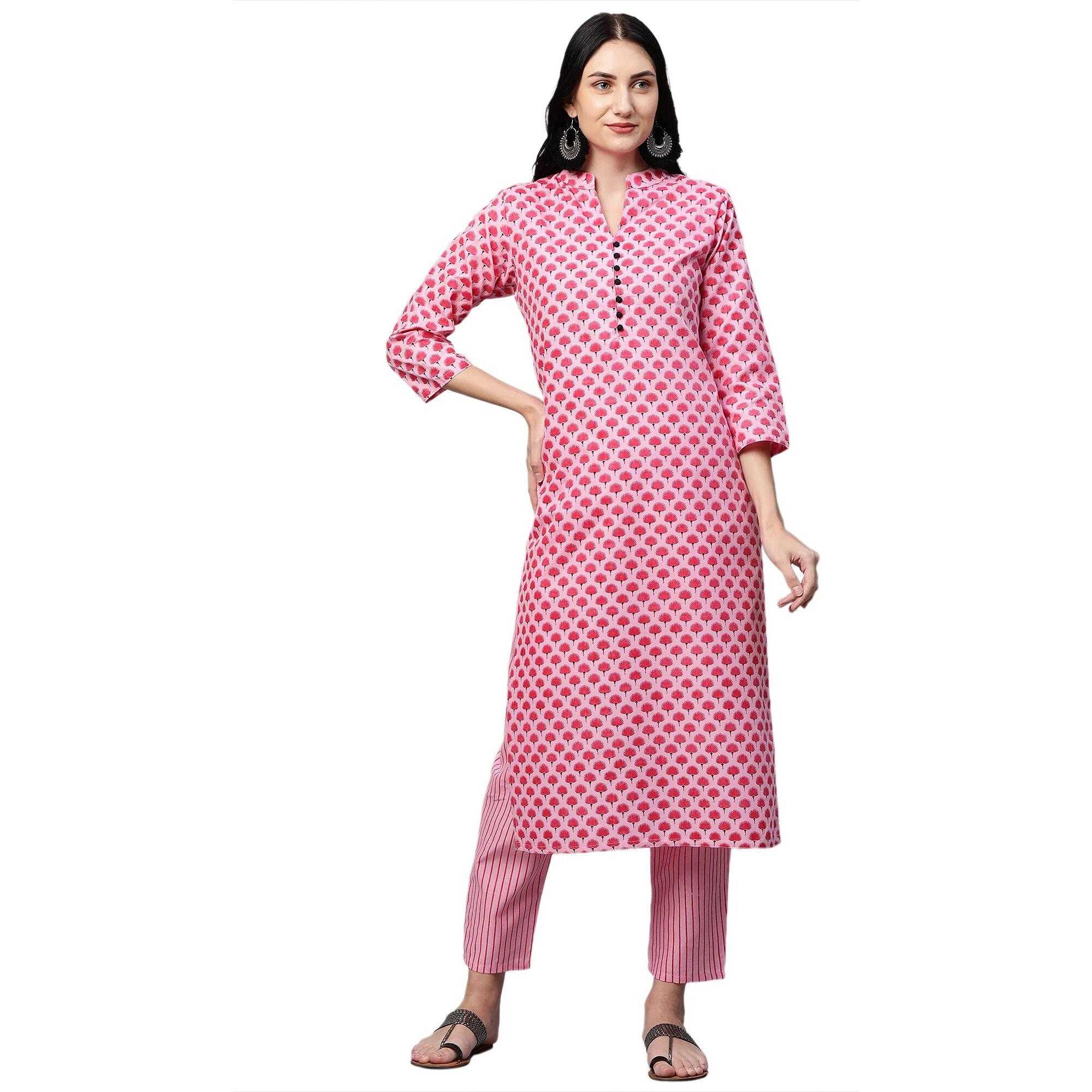 Gosriki Women's Cotton Straight Kurta With Palazzo (Revathi New Pink_L_Pink_Large)