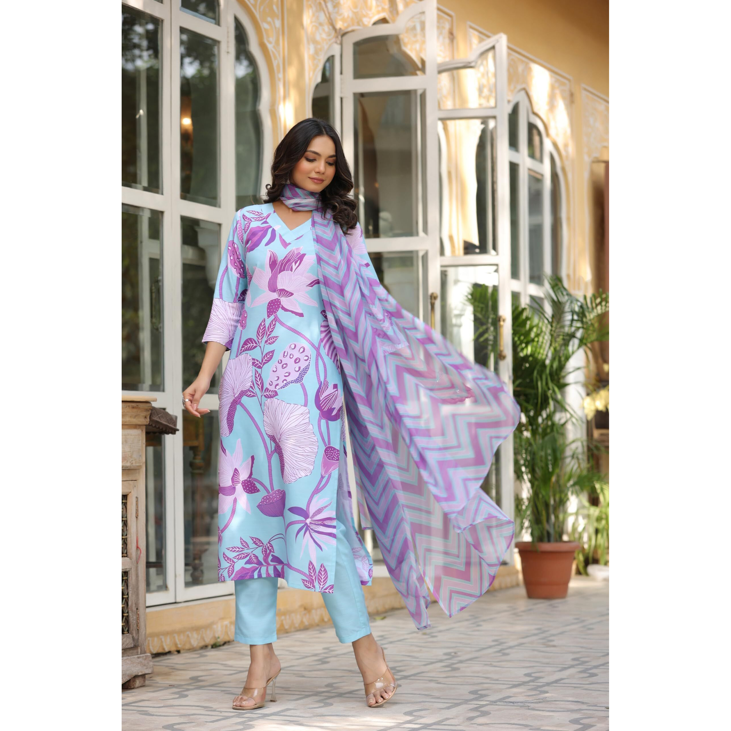 Gosriki Women's Cotton Blend Straight Printed Kurta With Pant & Dupatta (Sohini Light Blue-Nw-Gs_S_Light Blue_Small)
