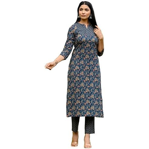 Gosriki Women's Rayon Blend Straight Printed Kurta With Pant (Ommy Blue-Vks01-Gs_S_Blue_Small)