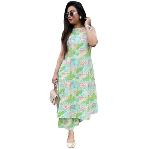 Gosriki Women's Rayon Viscose A-Line Printed Kurta With Pant (Uzma Green-Gs_L_Green_Large)