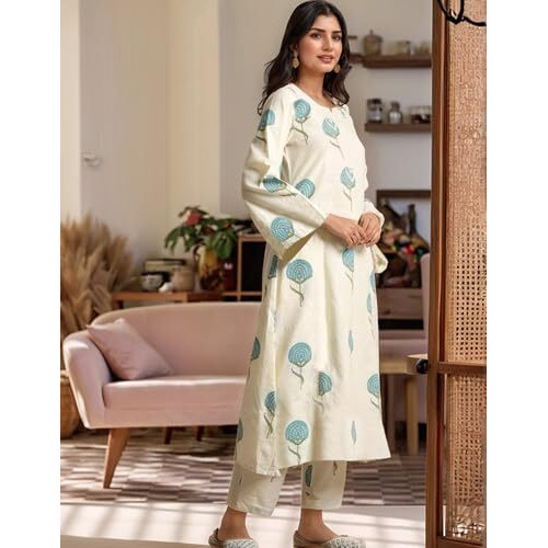 Gosriki Women's Rayon Viscose Printed Straight Kurta With Pant (Janya Sky-Gs_Xl_Sky Blue_X-Large)