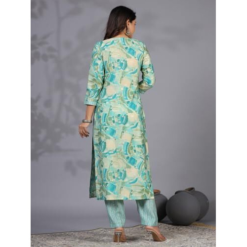 Gosriki Women's Rayon Blend Straight Printed Kurta With Pant (Nissu Blue-Gs_S_Blue_Small)