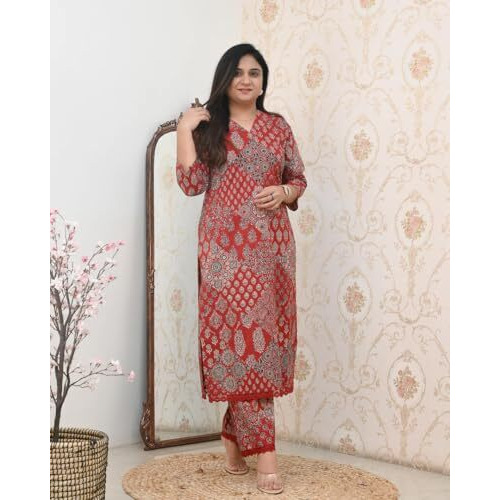 Gosriki Women's Rayon Viscose Straight Printed Kurta With Pant (Kadai Red-Vks01-Gs_M_Red_Medium)