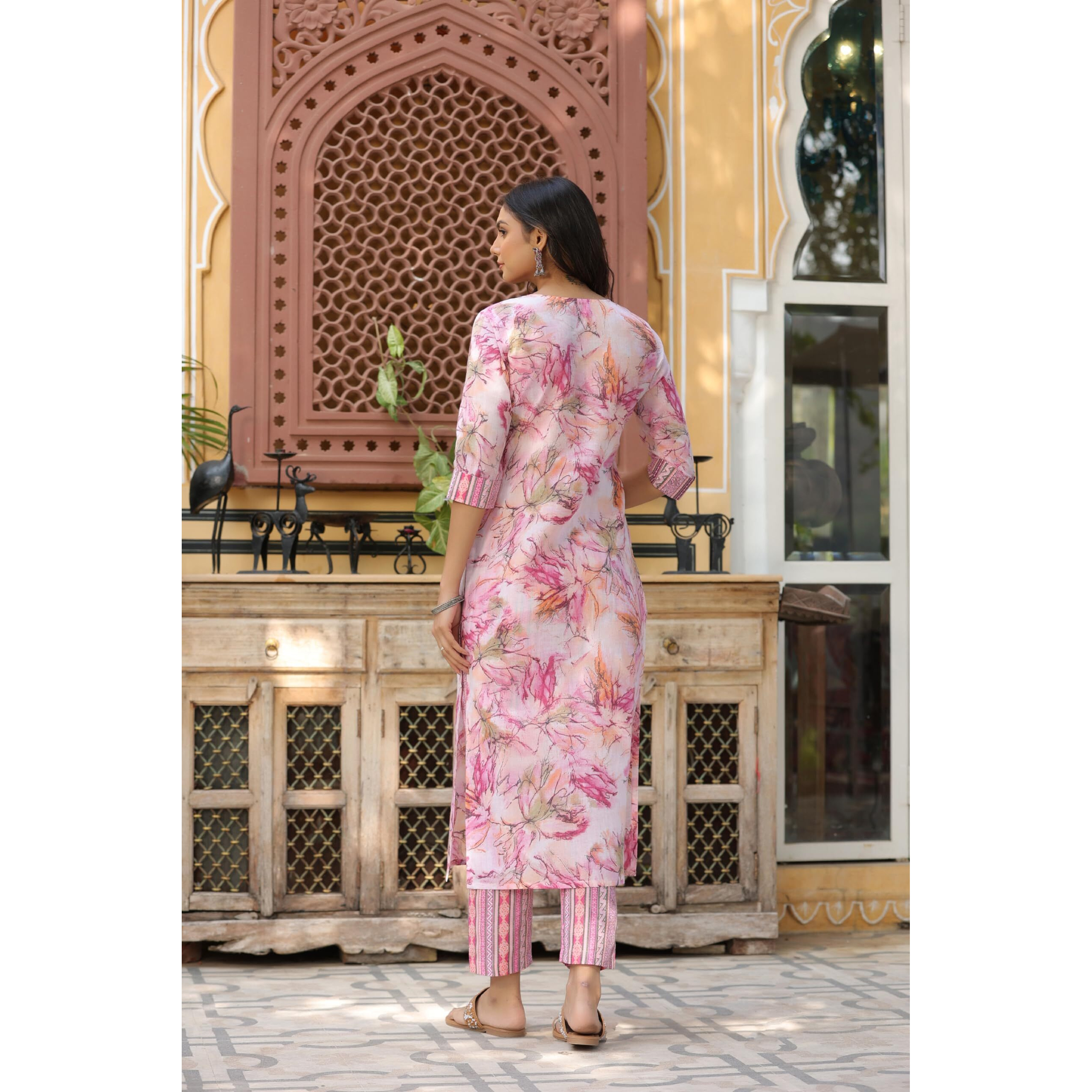 Gosriki Women's Cotton Blend Straight Printed Kurta With Pant (Ps-Pink-Bfv-Gs_Xl_Pink_X-Large)