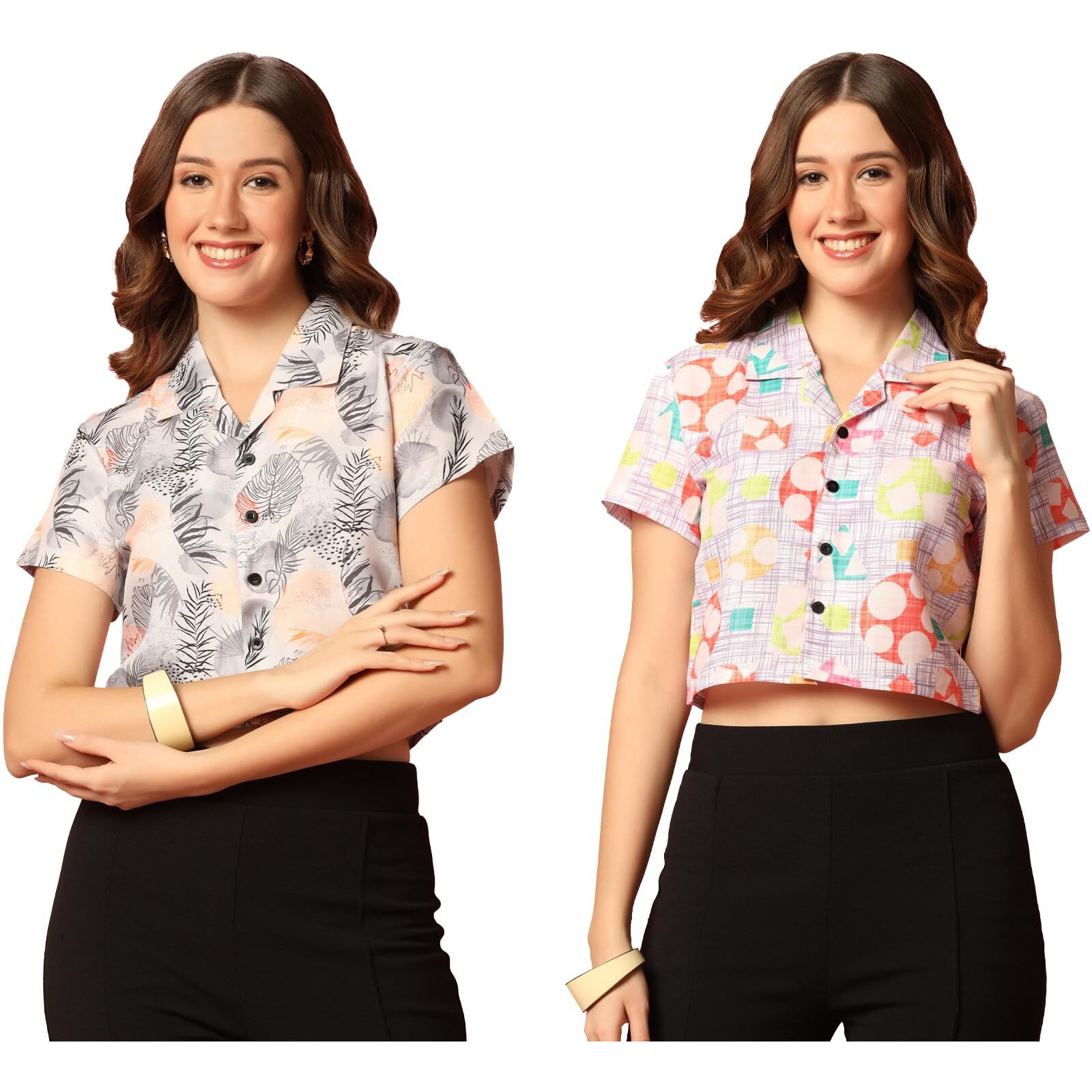 Toplot Women's Casual Printed Crop Shirt With Half Sleeve Pack Of 2 (Combo-5059-Mlt-Tre-L)