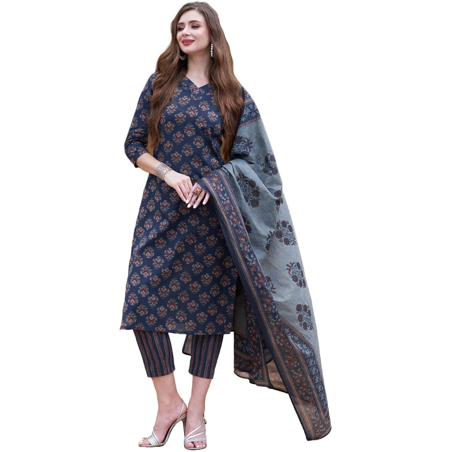 Gosriki Women's Cotton Blend Printed Straight Kurta With Pant & Dupatta (Bagwara Blue-Gs_Xxl_Blue_Xx-Large)