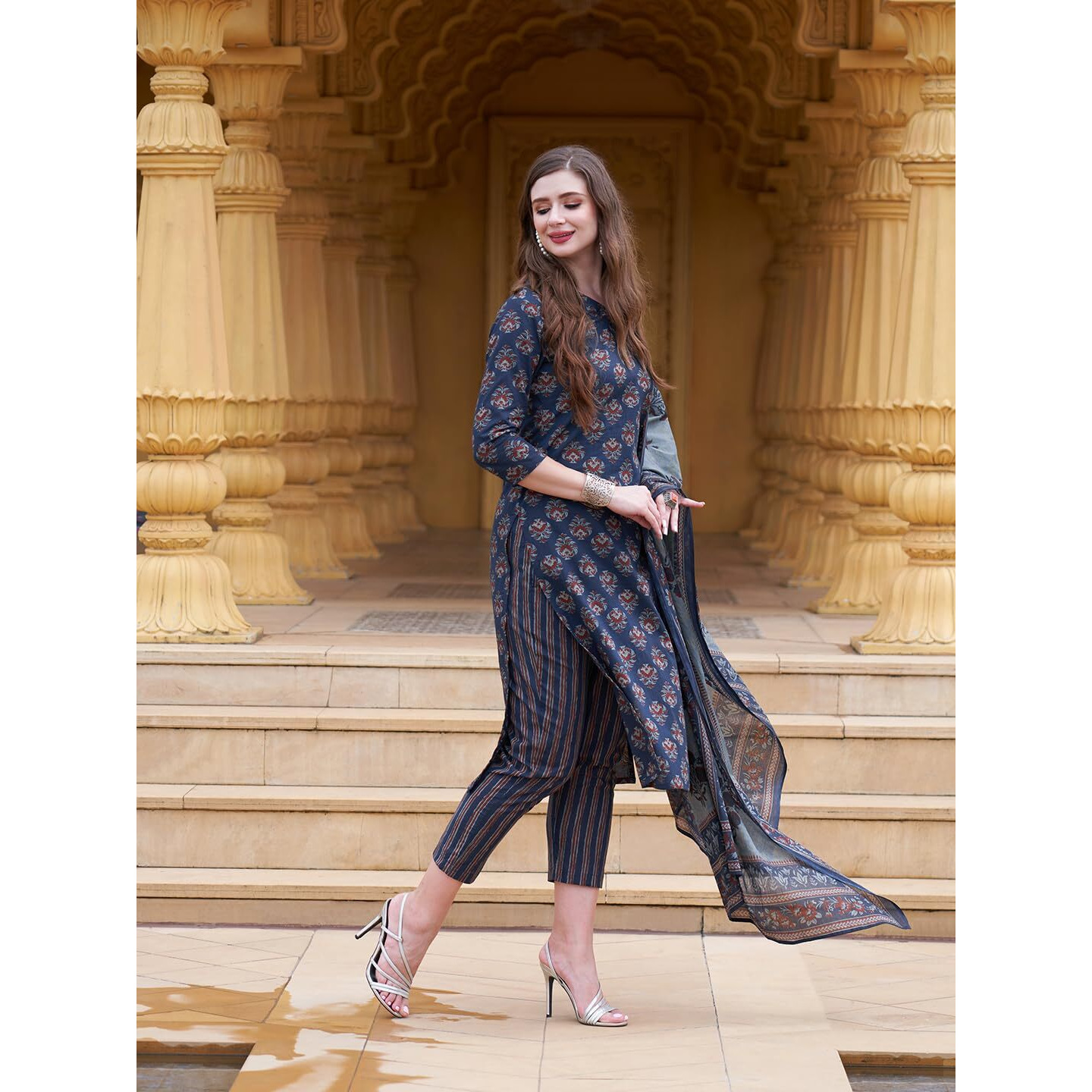 Gosriki Women's Cotton Blend Printed Straight Kurta With Pant & Dupatta (Bagwara Blue-Gs_Xxl_Blue_Xx-Large)