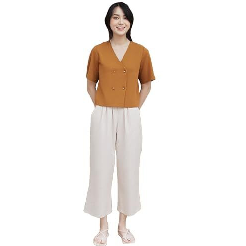 Gosriki Women's Short Sleeve Shirt Vintage V-Neck Cotton Blend Solid Regular Buttons Top (Pedi Brown-Gs_S_Black_Small)