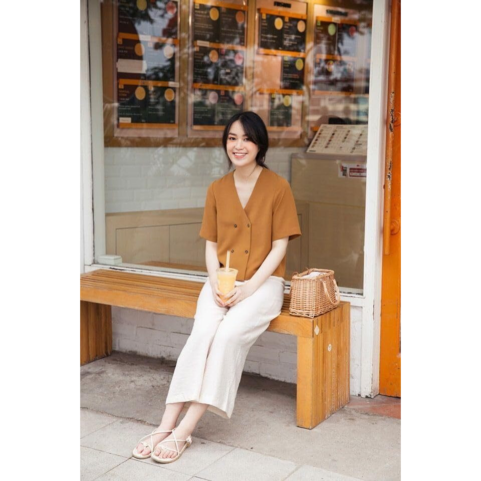 Gosriki Women's Short Sleeve Shirt Vintage V-Neck Cotton Blend Solid Regular Buttons Top (Pedi Brown-Gs_S_Black_Small)