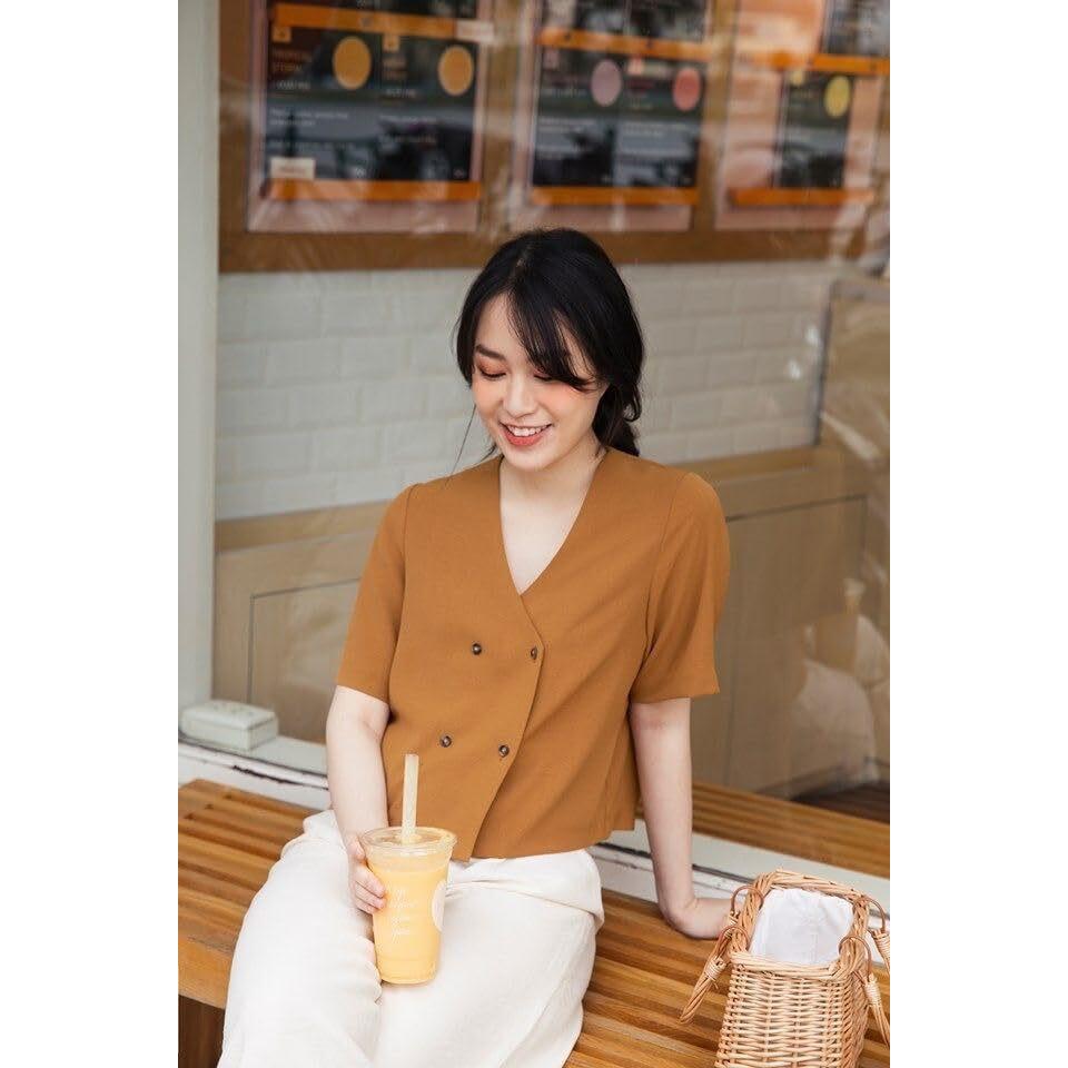 Gosriki Women's Short Sleeve Shirt Vintage V-Neck Cotton Blend Solid Regular Buttons Top (Pedi Brown-Gs_S_Black_Small)