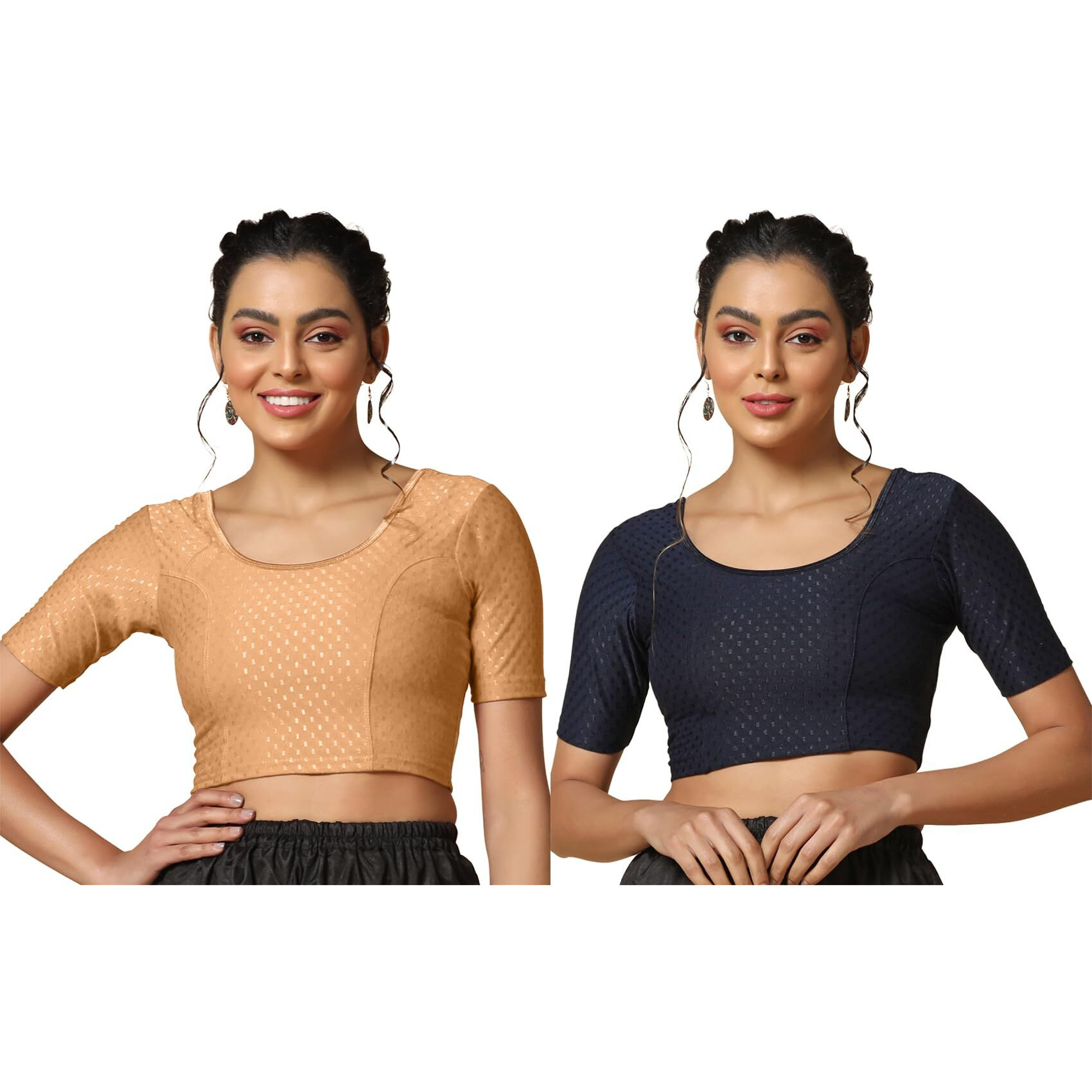 Toplot Cotton Blend Lycra Stretchable Readymade Blouses Pack Of 2 (Combo-5058-Crm-Nvy-30)