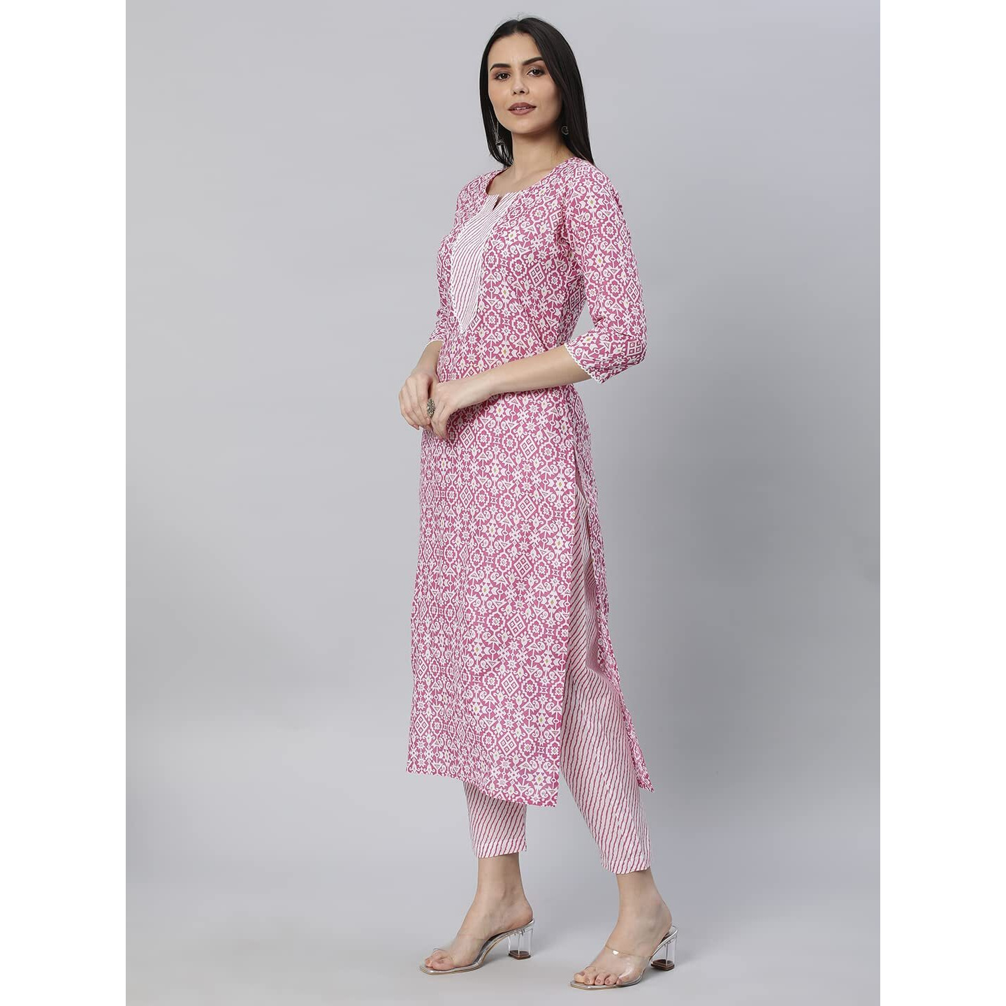Gosriki Women's Cotton Blend Straight Printed Kurta With Pant (Kavi Pink-Nw5-Gs_S_Pink_Small)