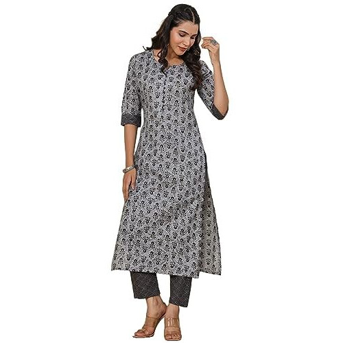 Gosriki Women's Cotton Blend Printed Straight Kurta With Pant (Twnkl-Grey-Gs_Xxl_Grey_Xx-Large)
