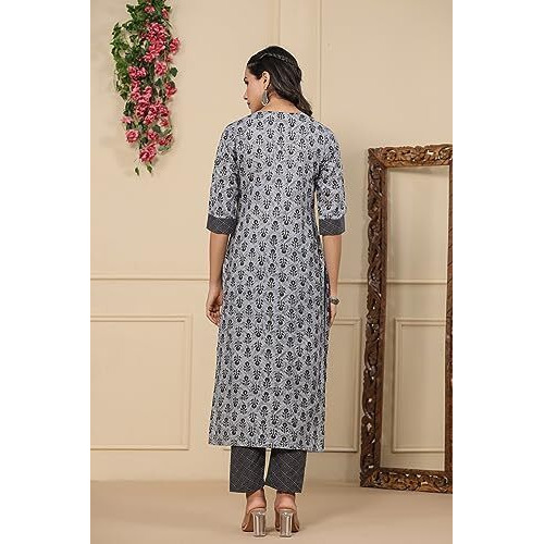 Gosriki Women's Cotton Blend Printed Straight Kurta With Pant (Twnkl-Grey-Gs_Xxl_Grey_Xx-Large)