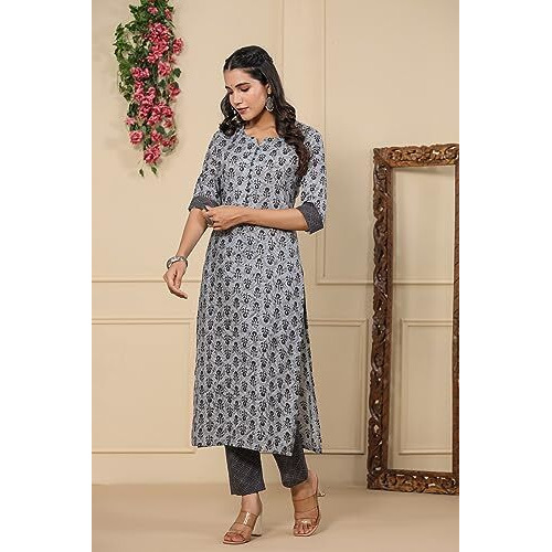 Gosriki Women's Cotton Blend Printed Straight Kurta With Pant (Twnkl-Grey-Gs_Xxl_Grey_Xx-Large)