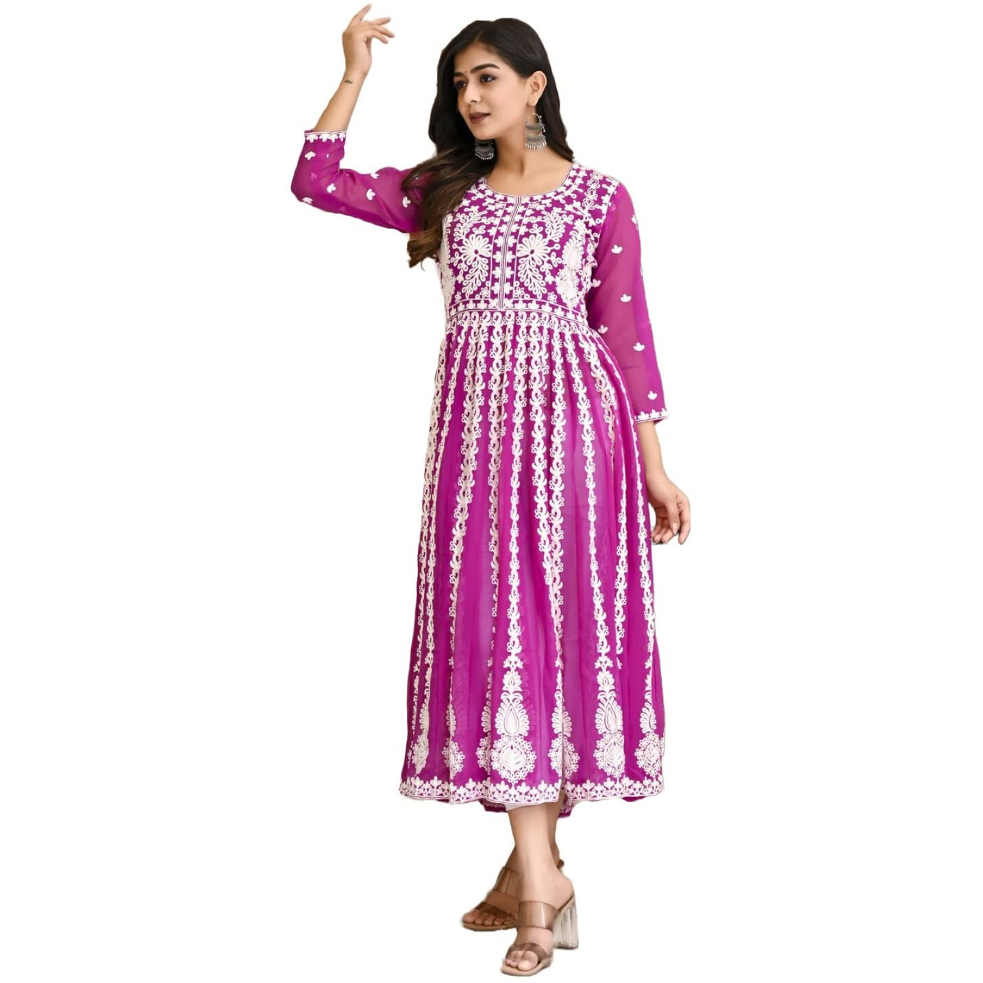 Gosriki Women's Georgette Chikankari Embroidered Anarkali Kurti (Kari Pink-Cmd-Gs_Xxl_Dark Pink_Xx-Large)