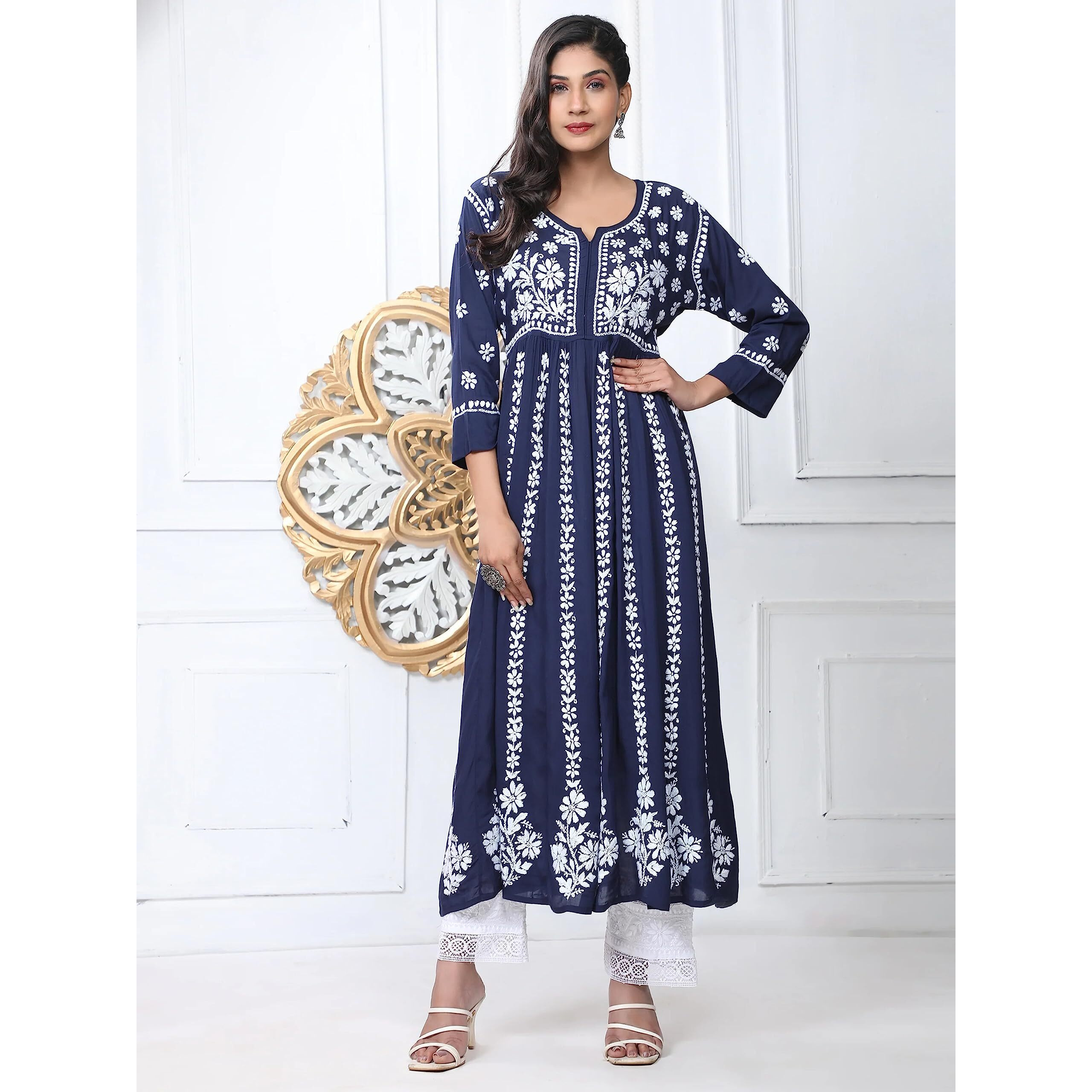 Gosriki Women's Rayon Blend Chikankari Embroidered Anarkali Kurta (Vavajodo-Blue-Gs_Xl_Blue_X-Large)
